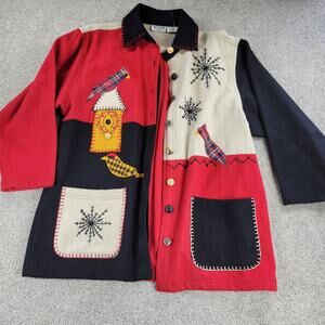 At Ease Women's Wool Cardinal Jacket 1X Red Black Collared Embroidered Patchwork